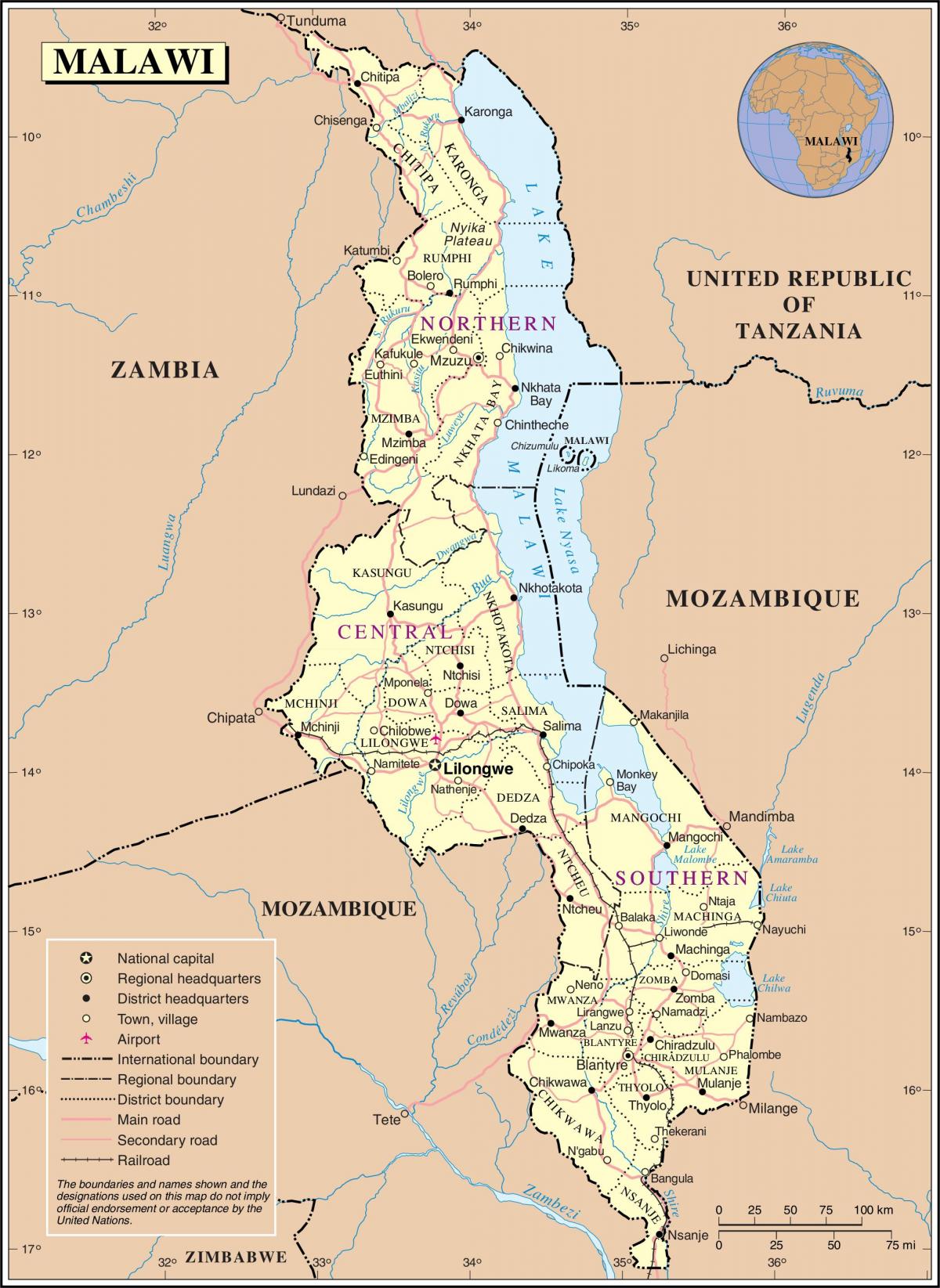 térkép Malawi mutatja utak